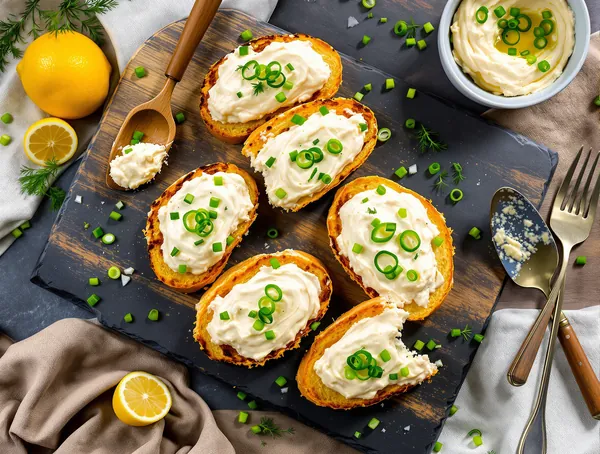 Aperitiv cu icre de crap pe crustini cu ceapă verde