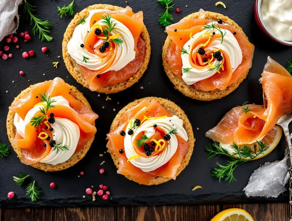 Aperitiv cu somon afumat pe blinis cu cremă de brânză