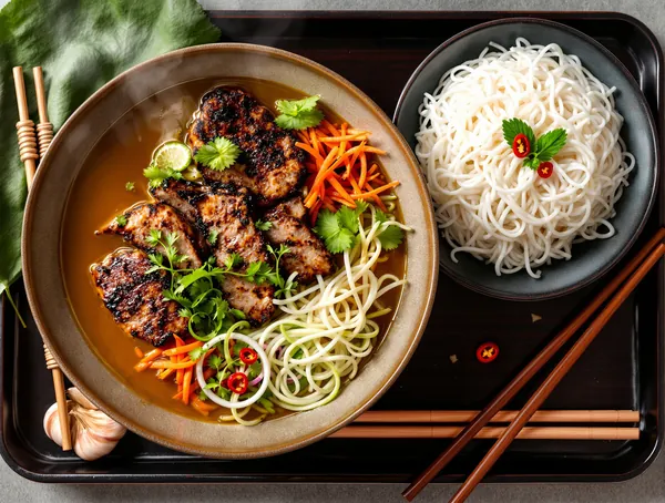 Bún chả cu porc la grătar și tăiței de orez