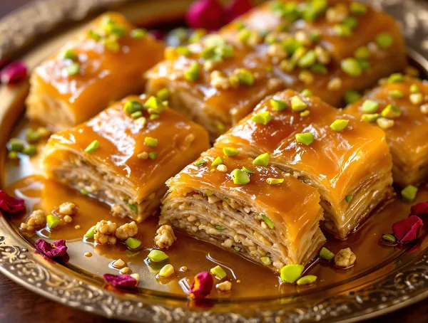 Baklava cu nuci, pistacini și sirop de miere cu apă de trandafiri