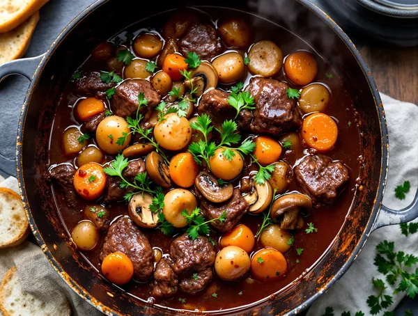 Beef Bourguignon cu Ciuperci, Ceapă Perlată și Vin Roșu