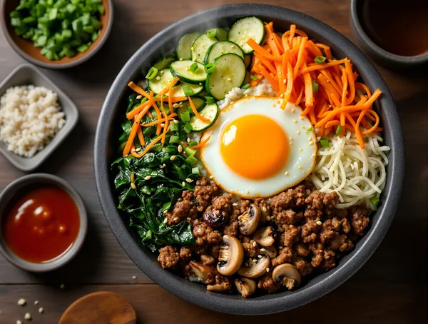 Bibimbap cu legume, carne tocată și ou