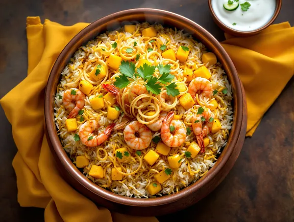 Biryani de creveți cu mango și coriandru