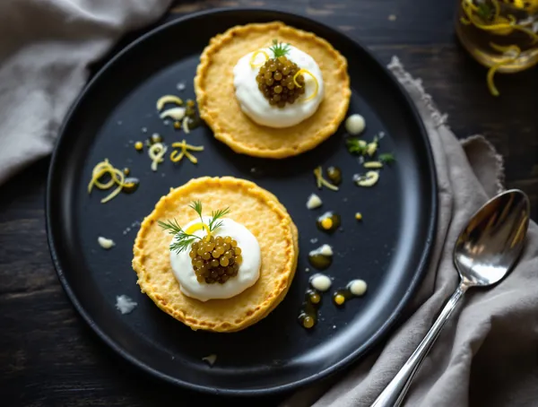 Blini cu caviar de știucă și smântână acidulată