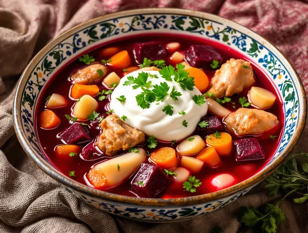 Borș de pui cu legume rădăcinoase și sfeclă