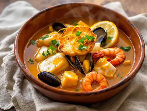 Bouillabaisse marseilleză cu pești variați