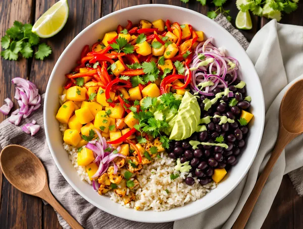 Bowl burrito cu orez, fasole neagră și mango