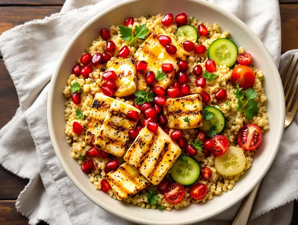 Bowl cu bulgur, rodie și halloumi la tigaie