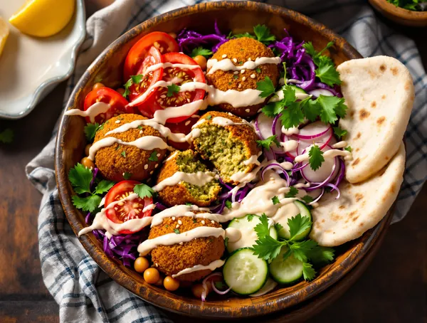 Bowl cu falafel, tahini și legume proaspete
