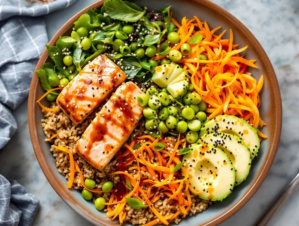 Bowl cu orez brun, edamame și somon