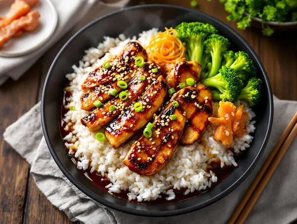 Bowl cu orez jasmin, pui teriyaki și sesam