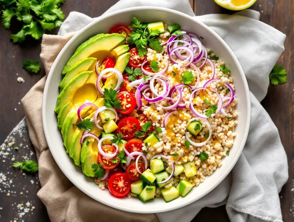 Bowl cu quinoa, avocado și roșii cherry
