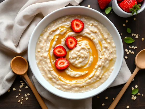 Bowl de ovăz cu căpșuni și miere de albine