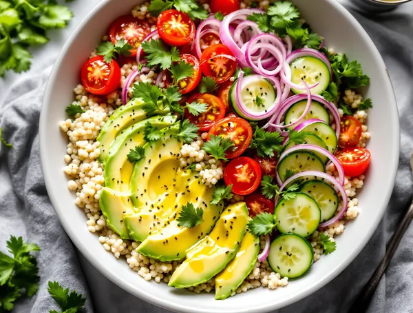 Bowl de quinoa cu avocado și roșii cherry