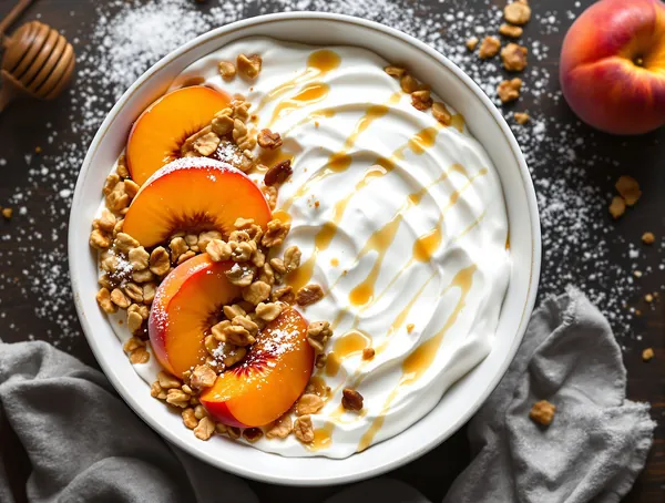 Bowl de smântână cu piersici și granola