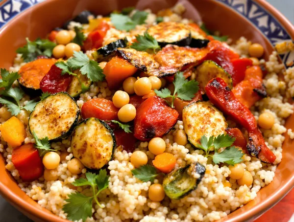Bowl marocan cu cușcuș, năut și legume coapte