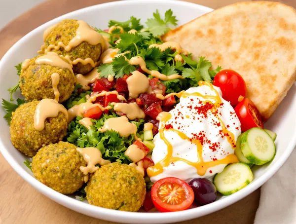 Bowl mediterranean cu falafel, taboule și tzatziki