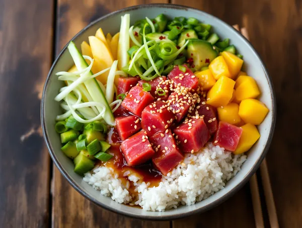 Bowl poke cu ton crud și mango