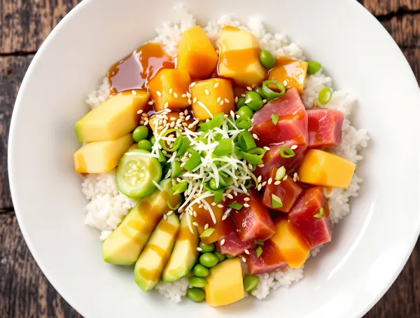 Bowl poke cu ton crud și mango