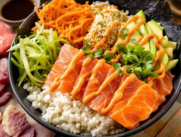 Bowl sushi cu somon, avocado și sos sriracha