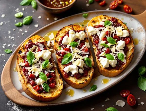 Bruschete cu pesto de roșii uscate și mozzarella