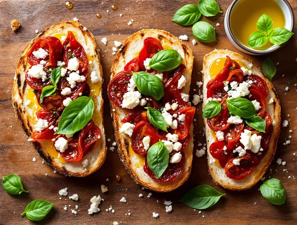 Bruschette cu roșii uscate, busuioc și brânză feta