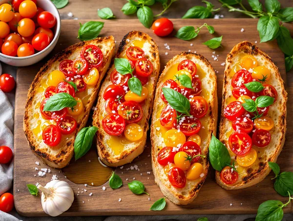 Bruschette de post cu roșii cherry și busuioc