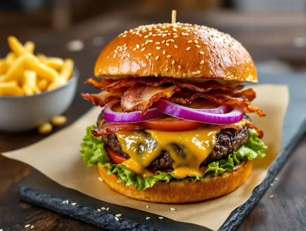 Burger gourmet cu cheddar maturat și bacon crocant