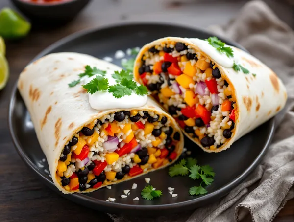 Burrito vegetarian cu fasole neagră și orez