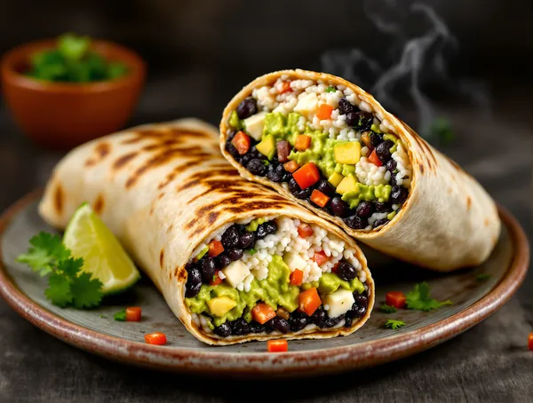 Burritos cu fasole neagră, orez și guacamole