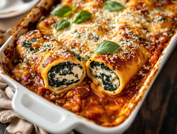 Cannelloni cu ricotta, spanac și sos de roșii