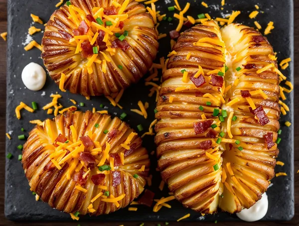 Cartofi hasselback cu bacon și cheddar