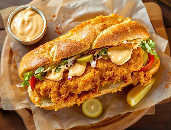 Catfish po'boy cu maioneză cajun și salată