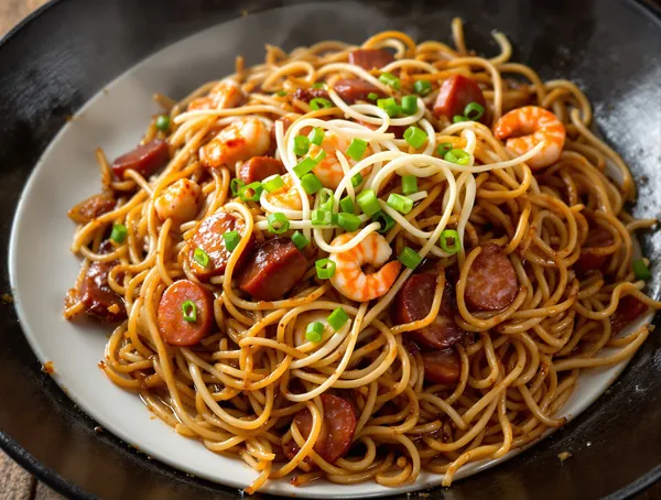Char Kway Teow cu Tăiței Prăjiți și Cârnați