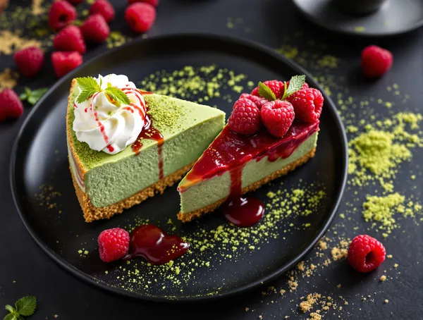 Cheesecake cu matcha și zmeură