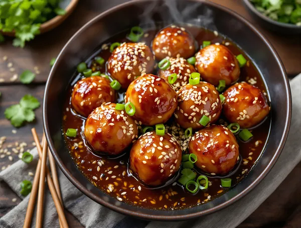 Chifteluțe de porc cu sos teriyaki și susan