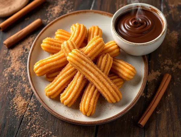 Churros cu sos de ciocolată și scorțișoară