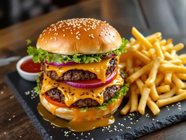 Classic cheeseburger cu cartofi prăjiți