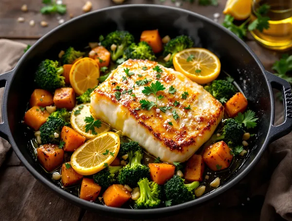 Cod la cuptor cu broccoli și cartofi dulci