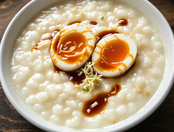 Congee cu ou fiert și sos de stridii
