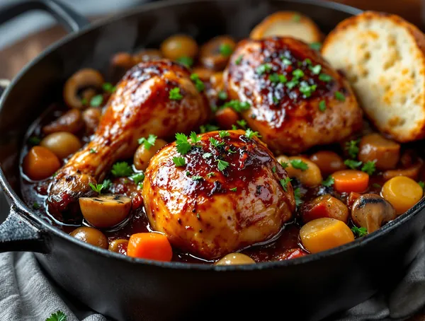 Coq au vin cu ciuperci, lardons și cognac