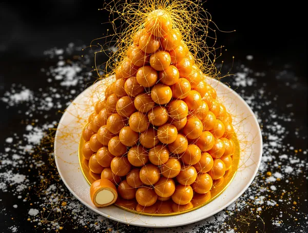 Croquembouche cu choux umplute cu cremă și fir de zahăr