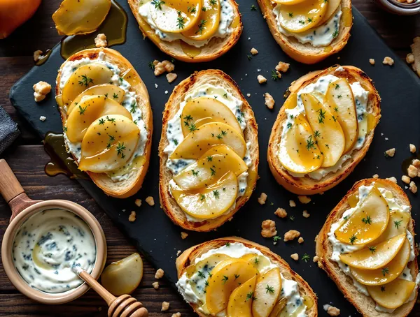 Crostini cu cremă de brânză albastră și pere coapte