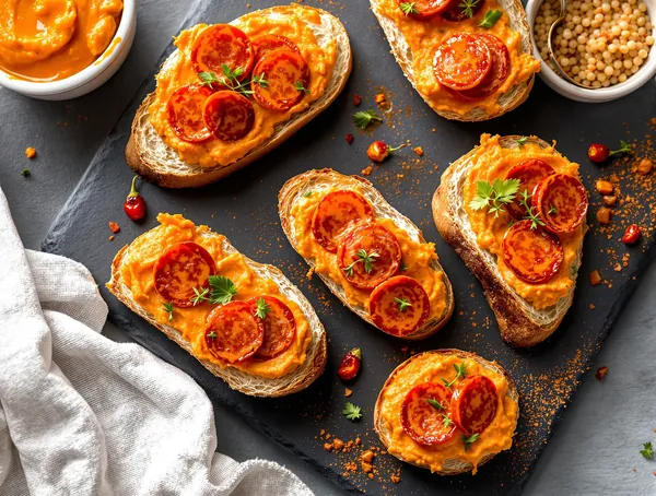 Crostini cu cremă de linte și chorizo picant