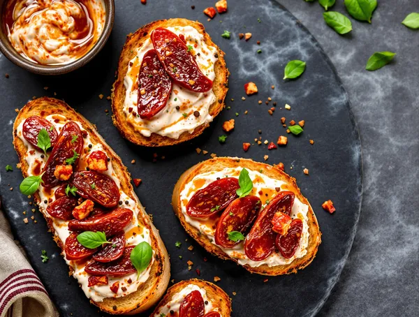Crostini cu cremă de roșii uscate și cârnați picant