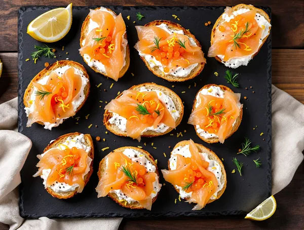 Crostini cu cremă de somon și ikura