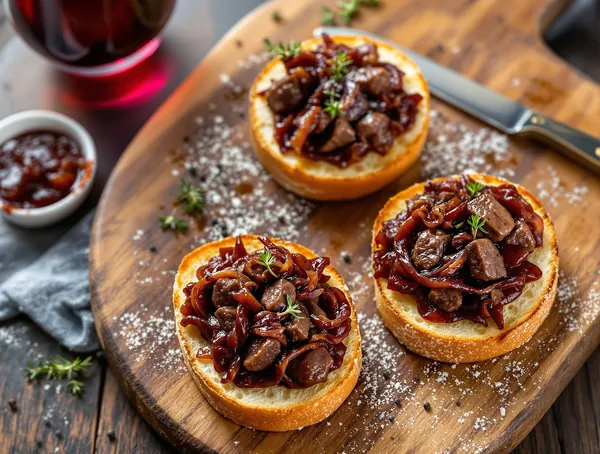 Crostini cu ficat de pui caramelizat și ceapă roșie