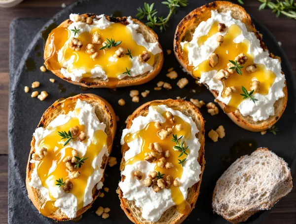 Crostini cu ricotta și miere de salcâm