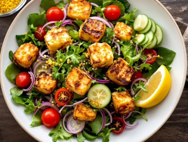 Crutoane de halloumi cu salată verde