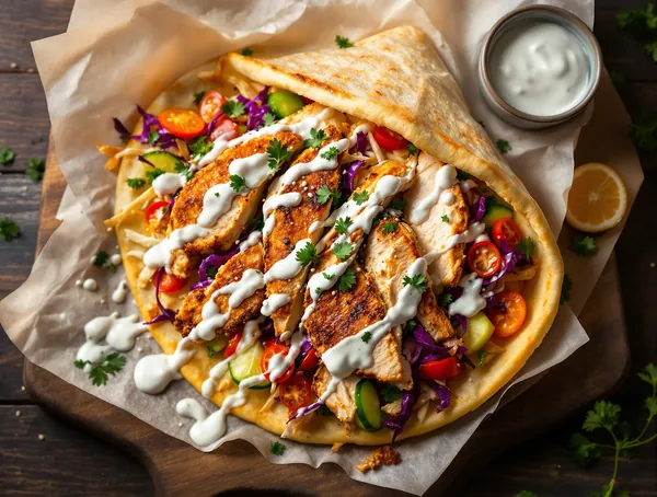 Döner kebap cu pui la rotiserie și salată